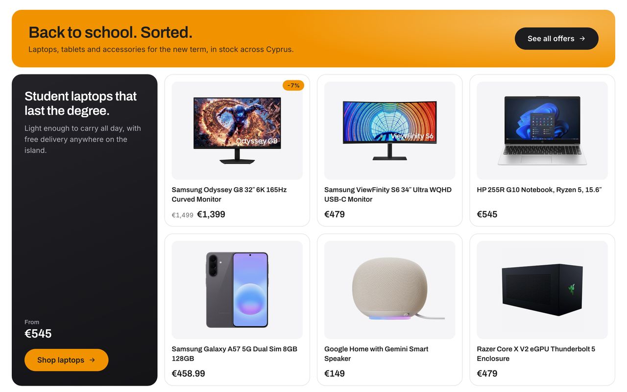 A storefront front page: an orange campaign strip above a grid of price-led product cards.